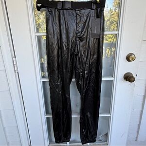 NWT American Bazi Los Angeles Black Faux Leather Joggers with Belt‎ M